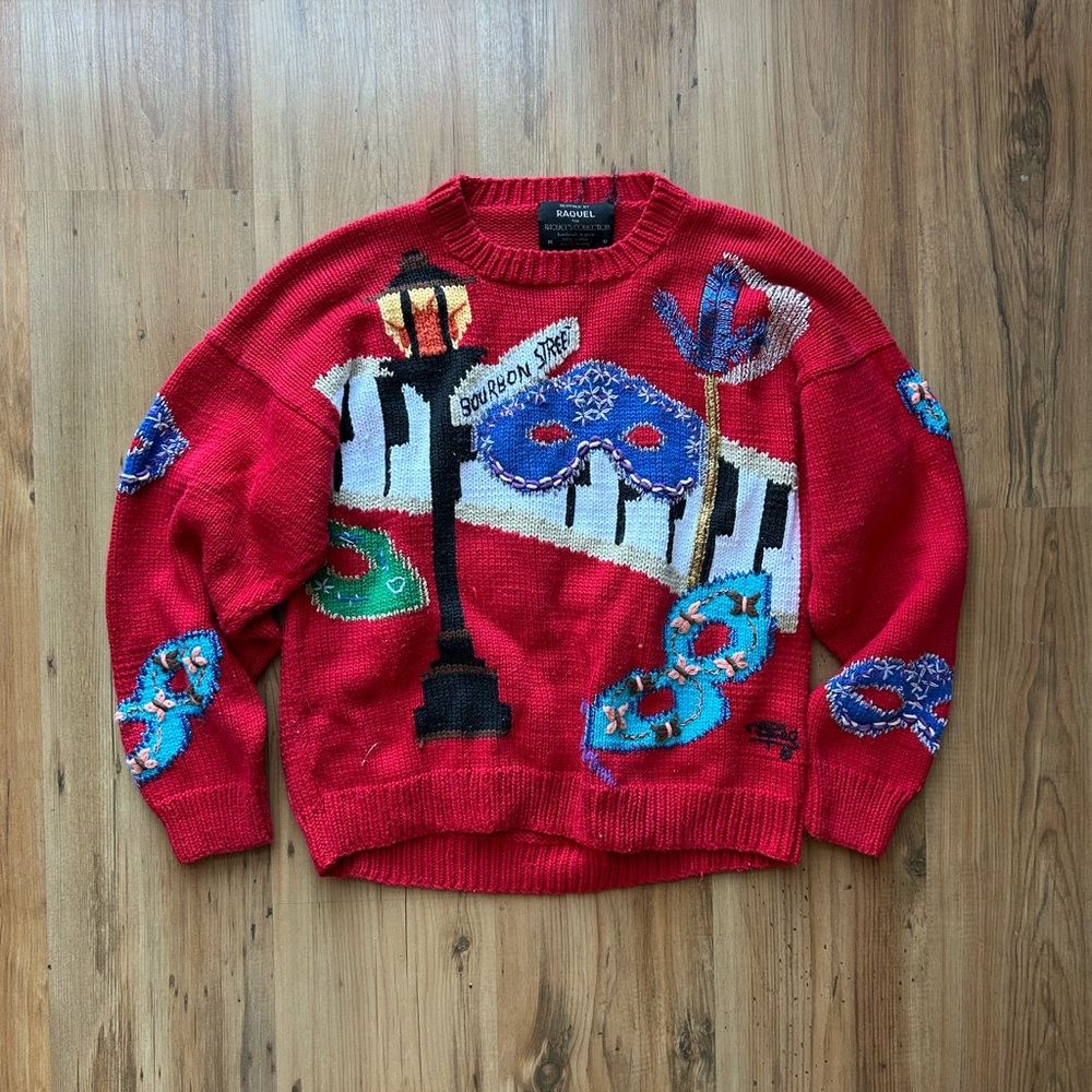 Raquels Collection Vibrant Red Sweater with Artistic Design